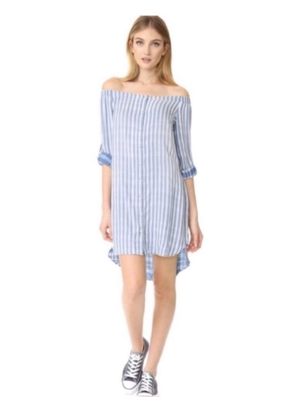 Cloth & Stone Anthropologie Shirt Dress blue white striped off the shoulder